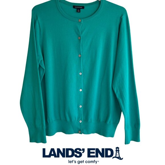 Lands’ End Women's Supima Cotton Cardigan Plus Size L/14/16 Light Green - Picture 2 of 6